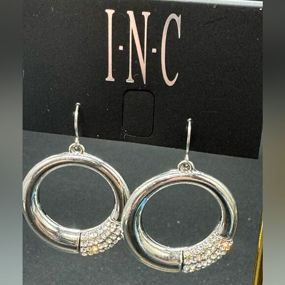 INC Silver Tone Fish Hook Dangle Ring embellished in Crystal Earrings 1.75 inch - Picture 1 of 5